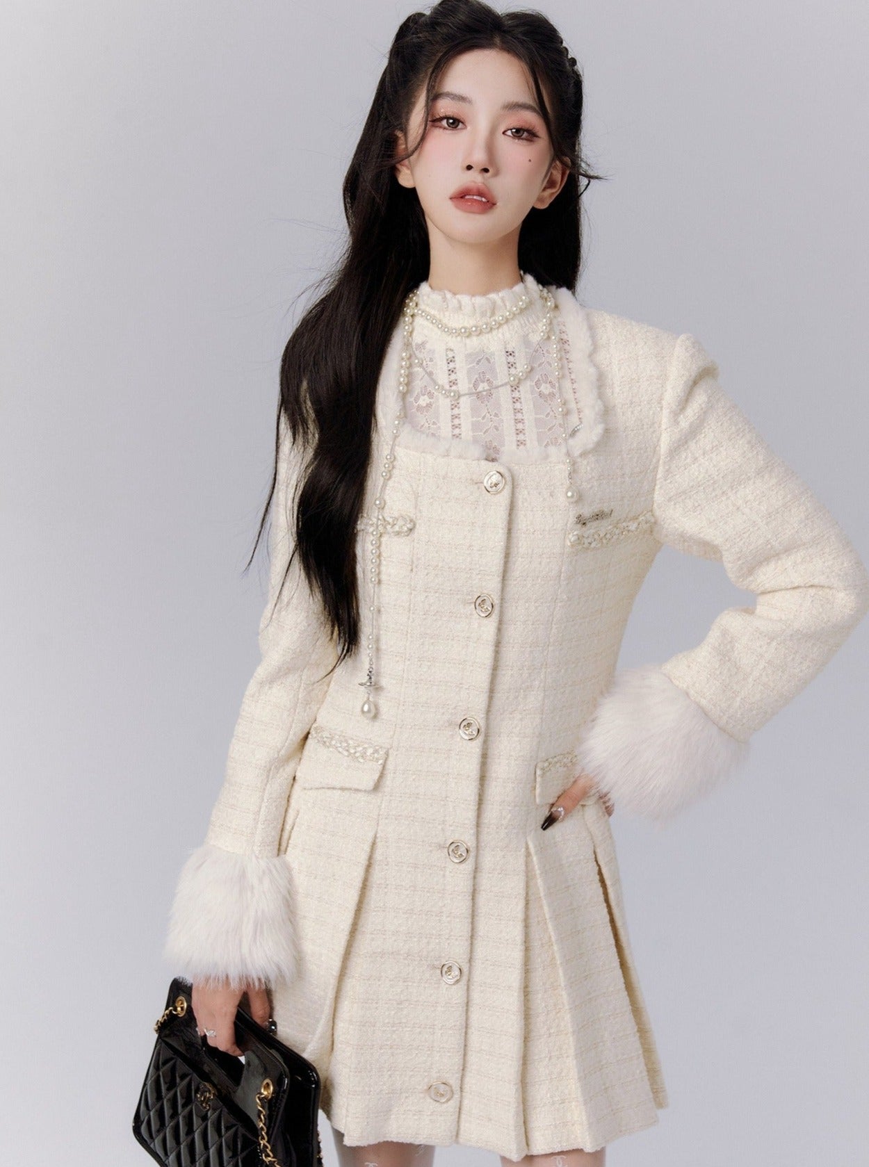 Ivory Tweed Coat Dress With Fur-trimmed Cuffs