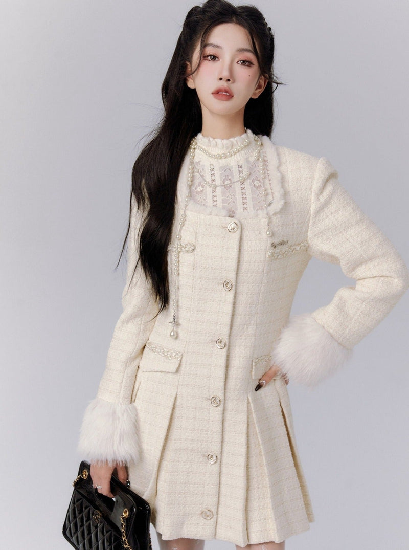 Ivory Tweed Coat Dress With Fur-trimmed Cuffs