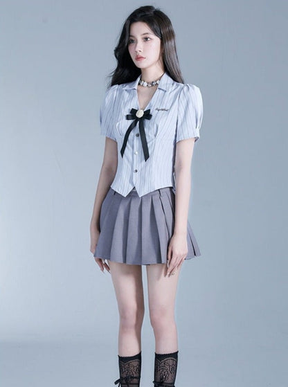Fragile Heart Preppy Duo: Gray Pleated Mini Skirt and Bow-tie Cropped Blouse Set