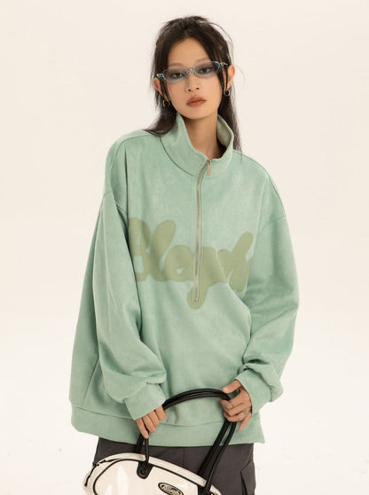 Oversized Suede Sweatshirt With Zipper Polo Collar