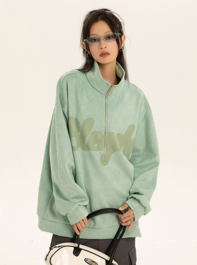Oversized Suede Sweatshirt With Zipper Polo Collar