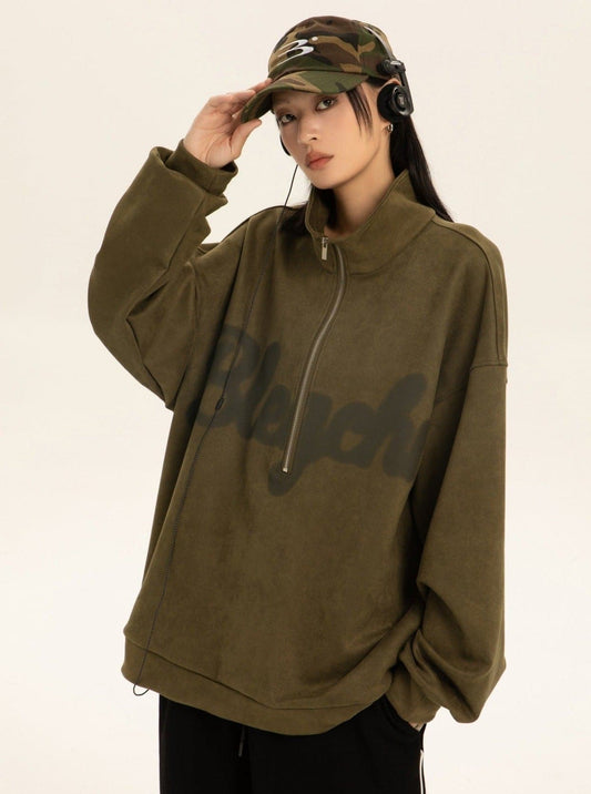 Oversized Suede Sweatshirt With Zipper Polo Collar