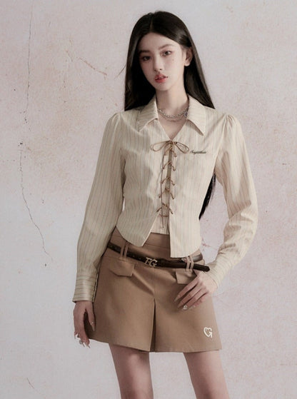 Fragile Heart Preppy Ensemble: Olive Mini Skort, Cream Lace-up Blouse, and Tailored Khaki Blazer Set