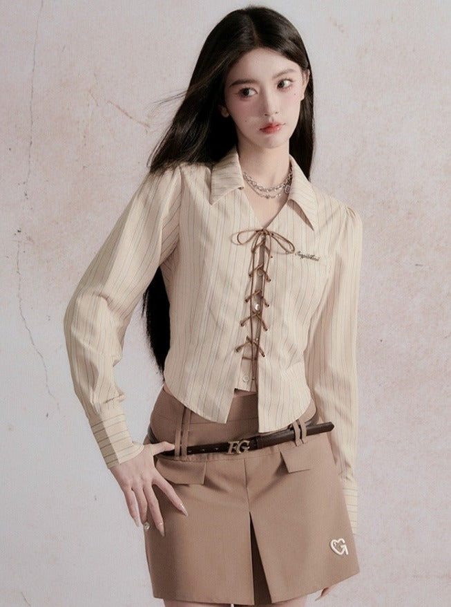 Fragile Heart Preppy Ensemble: Olive Mini Skort, Cream Lace-up Blouse, and Tailored Khaki Blazer Set