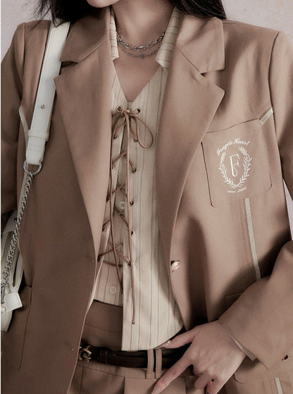 Fragile Heart Preppy Ensemble: Olive Mini Skort, Cream Lace-up Blouse, and Tailored Khaki Blazer Set