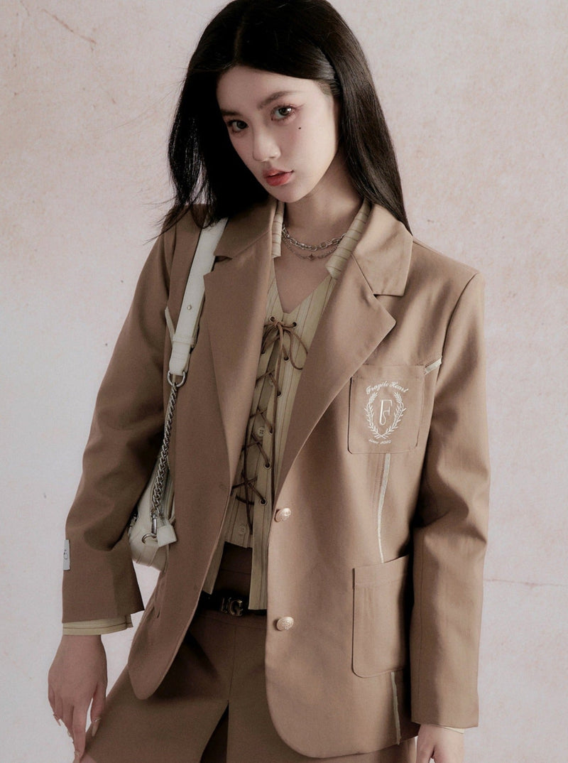 Fragile Heart Preppy Ensemble: Olive Mini Skort, Cream Lace-up Blouse, and Tailored Khaki Blazer Set