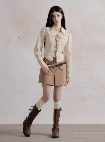 Fragile Heart Preppy Ensemble: Olive Mini Skort, Cream Lace-up Blouse, and Tailored Khaki Blazer Set