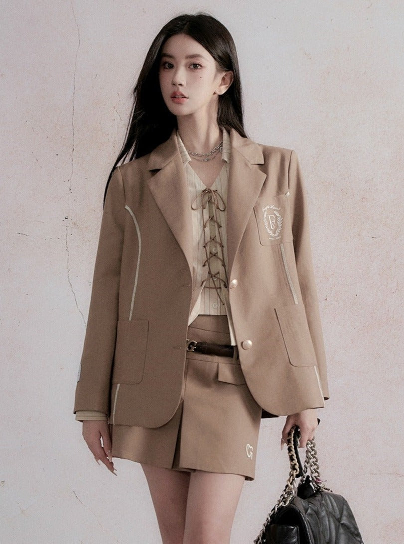 Fragile Heart Preppy Ensemble: Olive Mini Skort, Cream Lace-up Blouse, and Tailored Khaki Blazer Set