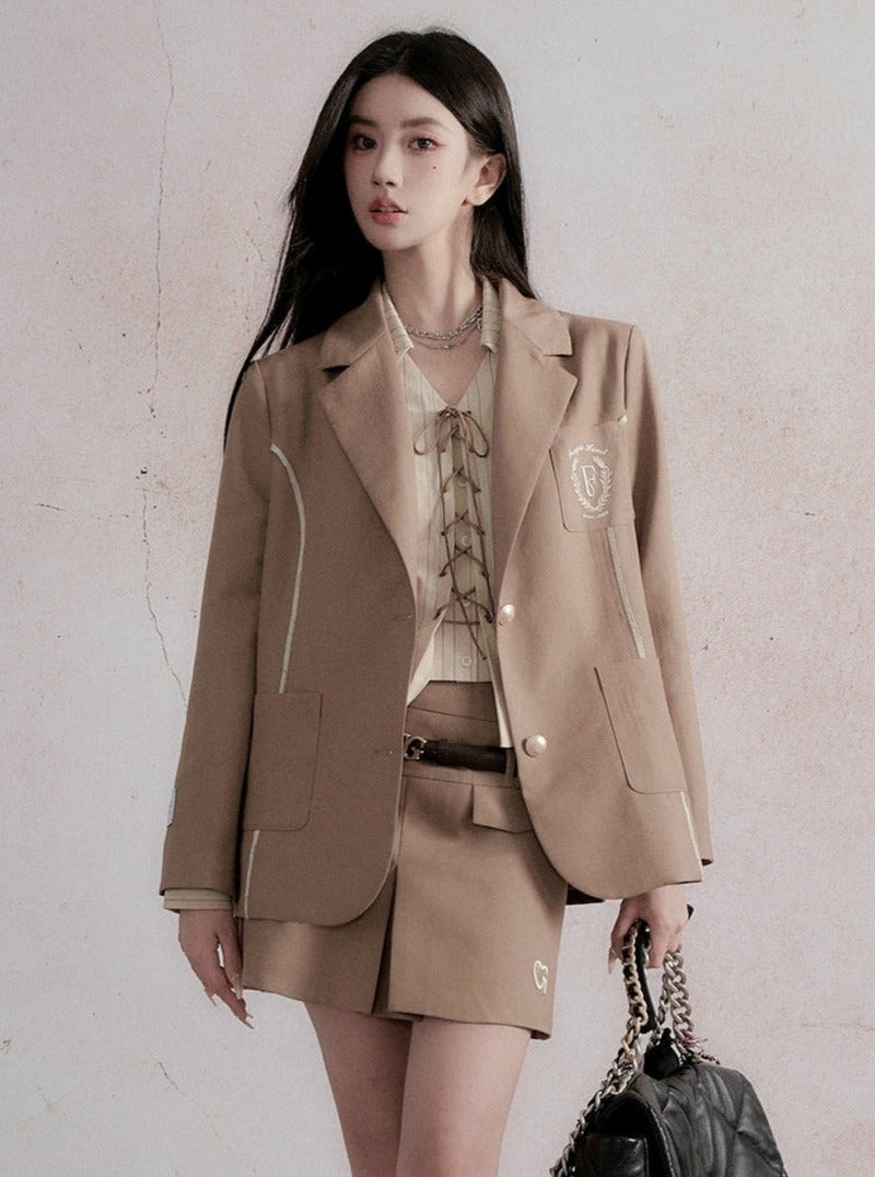 Fragile Heart Preppy Ensemble: Olive Mini Skort, Cream Lace-up Blouse, and Tailored Khaki Blazer Set