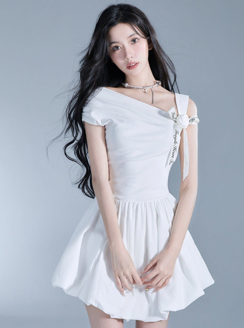 Angelic One-shoulder White Ballerina Mini Dress With Bow Detail
