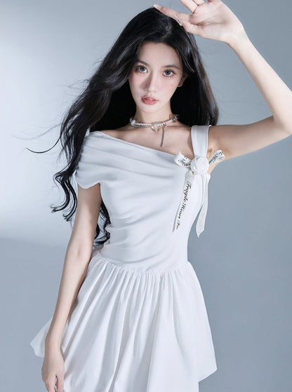 Angelic One-shoulder White Ballerina Mini Dress With Bow Detail
