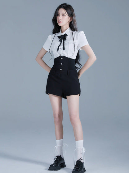 Monochrome Elegance Set: High-waisted Corset Shorts With Cropped Bow-tie Shirt