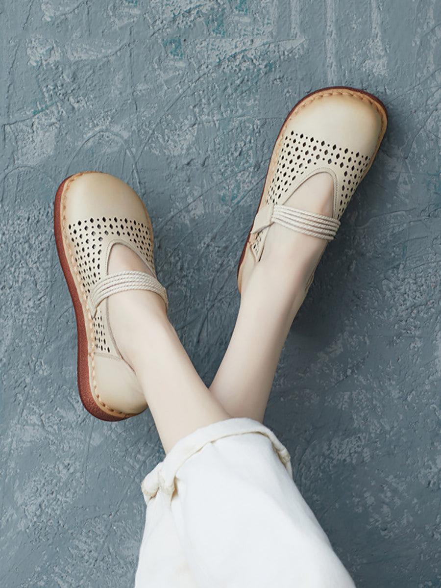 Summer Leather Cutout Flat Shoes Ui1016