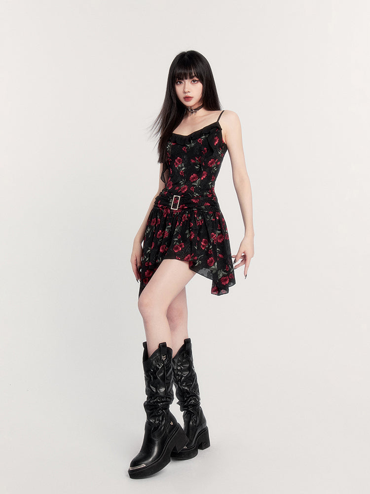 Print Gothic Mini Dress With Asymmetric Hem