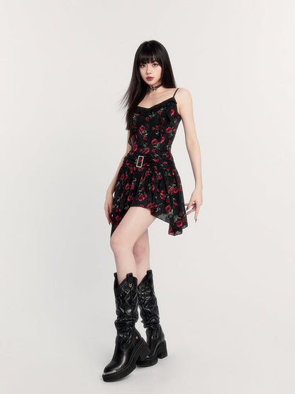 Print Gothic Mini Dress With Asymmetric Hem