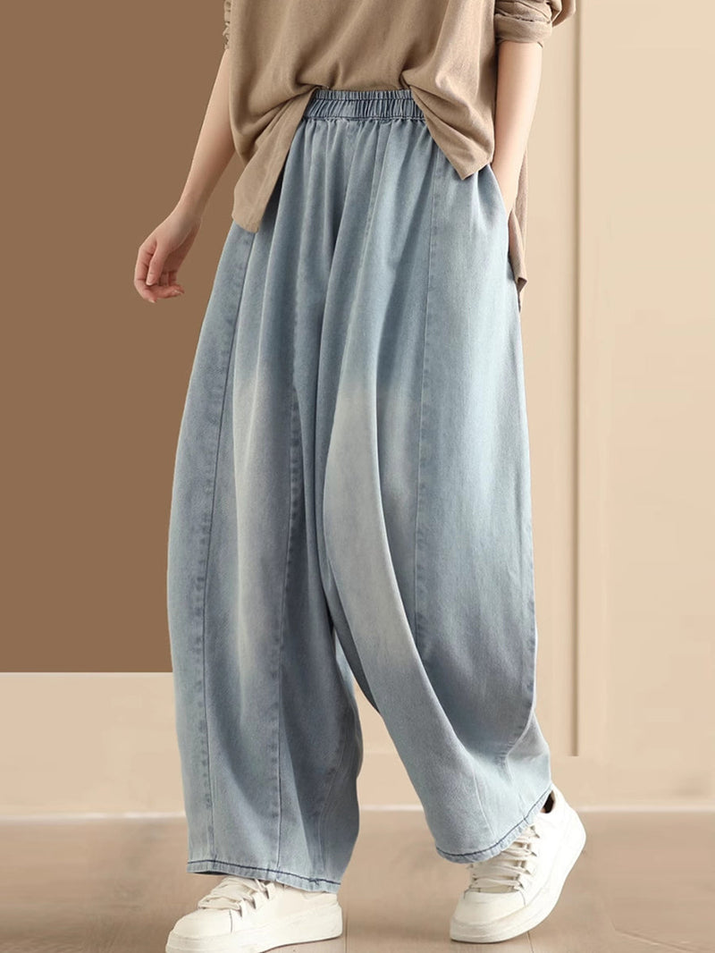 Washed Spliced Denim Wide-leg Pants Qw1007