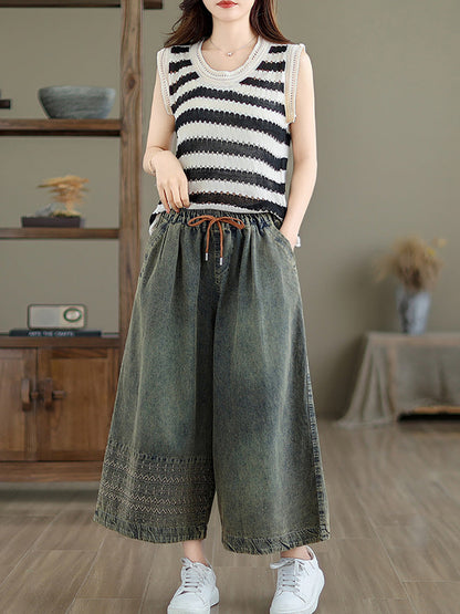 Summer Embroidery Wide-leg Denim Pants Cc010