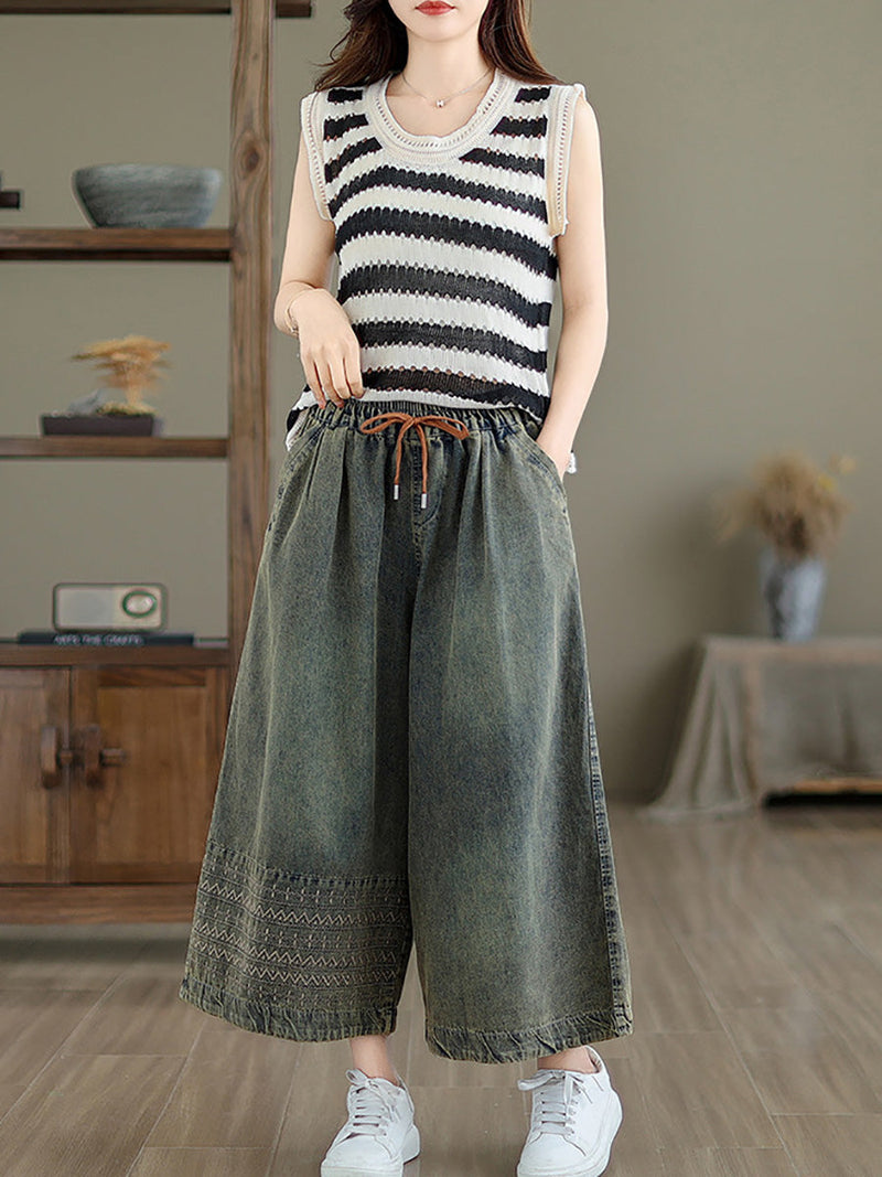 Summer Embroidery Wide-leg Denim Pants Cc010