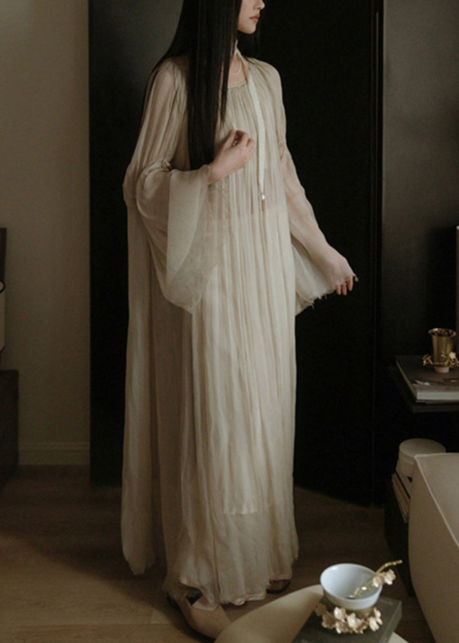 White Wrinkled Silk Cotton Long Dress Flare Sleeve Tt1050