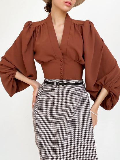 Lantern Sleeve V-neck Slim Fit Blouse
