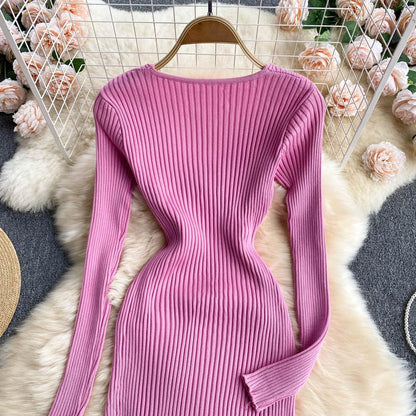 Pink V-neck Cross Slim Waist Long Sleeve Knit Sweater Dress Ar1018