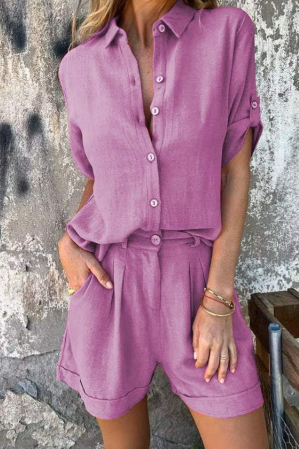 Linen Blend Color Button Lapel Short Sleeve Shirt and Pocket Shorts Set