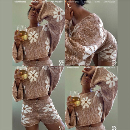 Knitted ’s 2 Piece Sets Outfits Pink Sweet Oversized Sweater Suit With Shorts for Tracksuit