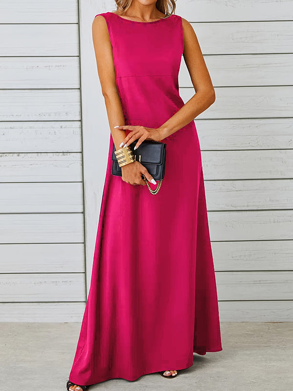 A-line Loose Color Round-neck Maxi Dresses