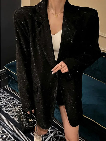 Sequin Glitter Lapel Suit Outwear for – Long Sleeve Coat