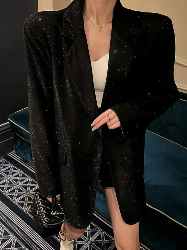 Sequin Glitter Lapel Suit Outwear for – Long Sleeve Coat