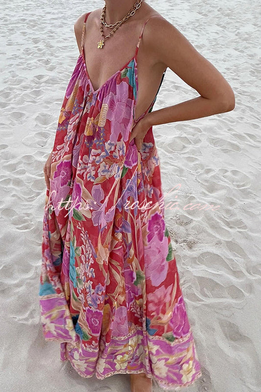 Painter's Garden Print Strappy A-line Maxi Dress