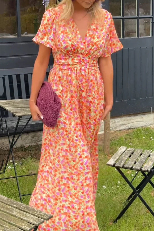 Print V-neck Short Sleeve Waist Maxi Dress