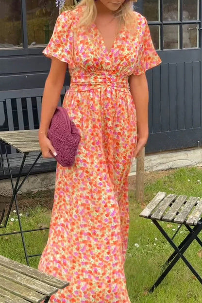 Print V-neck Short Sleeve Waist Maxi Dress