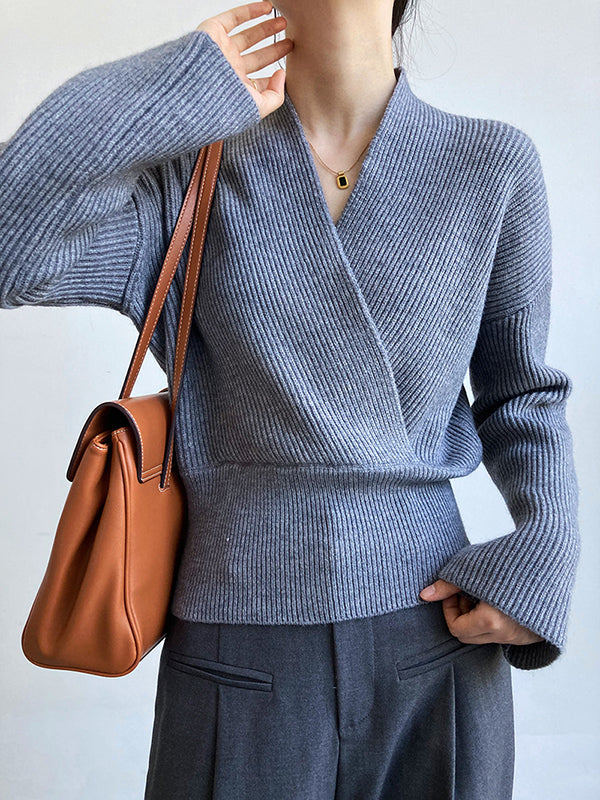 French Grey Cross V-neck Long Sleeve Sweater Qx012