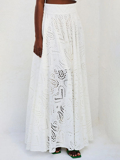 Exquisite Embroidered Hollow Lace Long A-line Skirt