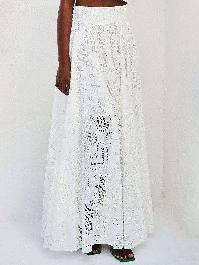 Exquisite Embroidered Hollow Lace Long A-line Skirt