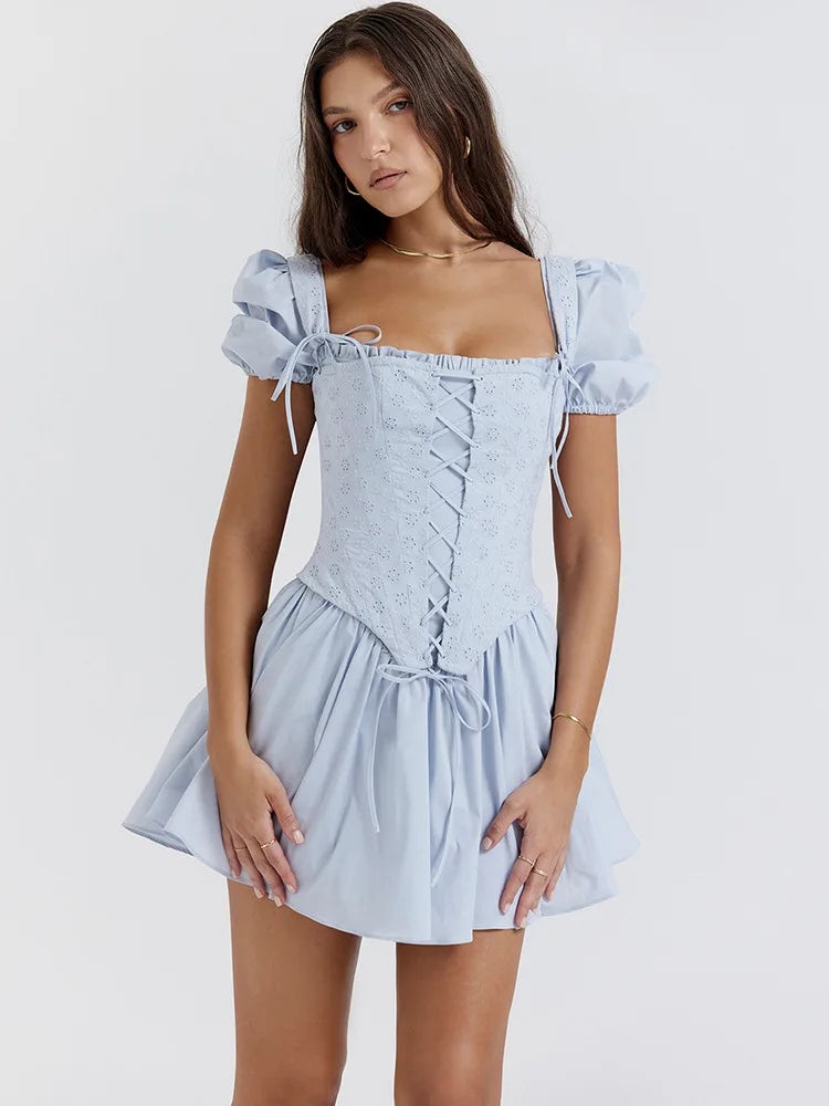 Short Puff Sleeve Mini Dress Square Collar Backless A-line Pleated Club Party Dress