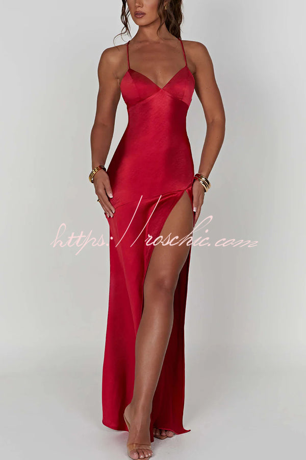 Satin Color Backless Lace Up High Slit Maxi Dress