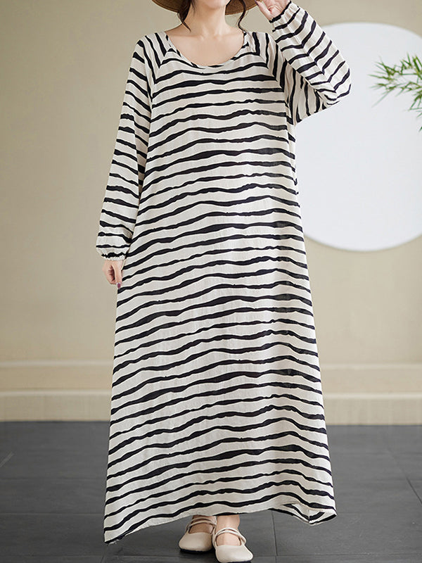 A-line Long Sleeves Contrast Color Elasticity Striped Round-neck Maxi Dresses