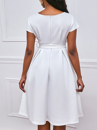 Bowknot Lace-up Color V-neck Midi Dresses
