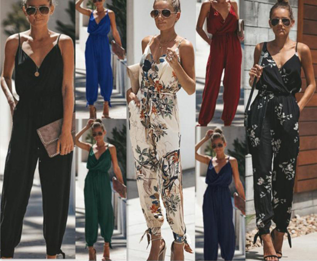 Summer Backless Print Tied Spaghetti-strap Cotton One-piece Slit Jumpsuit