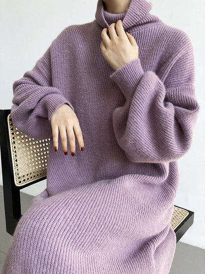 Urban Loose Purple High-neck Long Puff Sleeve Sweater Dress An1052