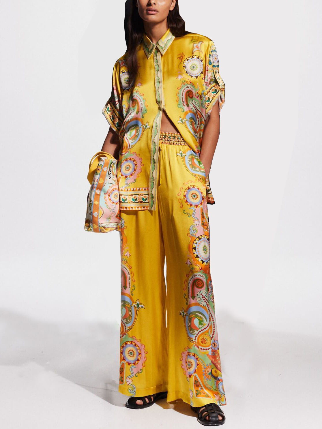 Exquisite Satin Unique Cashew Flower Print Loose Wide-leg Pants