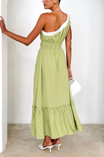 Sleeveless One Shoulder Tie Elastic Neck Pleated Maxi Dress