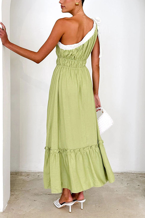 Sleeveless One Shoulder Tie Elastic Neck Pleated Maxi Dress