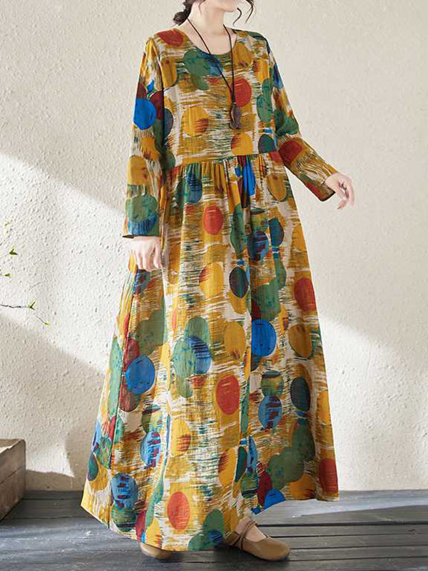 A-line Long Sleeves Pleated Polka-dot Split-joint Round-neck Maxi Dresses