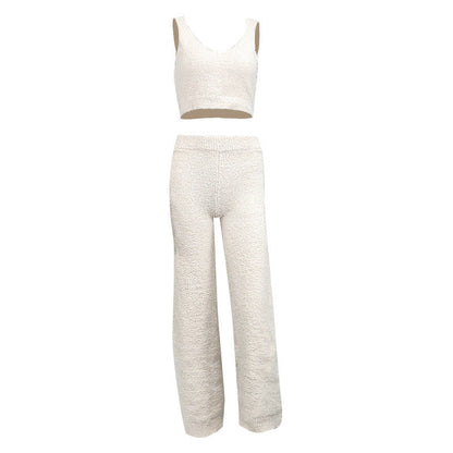 Plush Sweater V-neck Cropped Vest Pants Two-piece Suit for Fluffy
