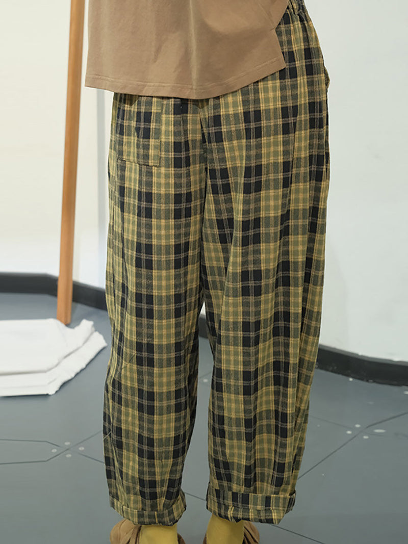 Plaid Summer Cotton Loose Harem Pants Kl1049