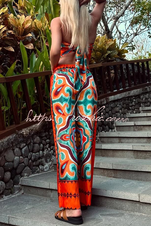 Style Unique Print Tube Top and Elastic Waist Pocket Wide Leg Pants Set