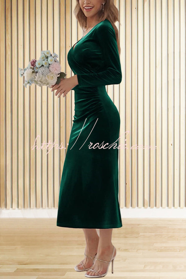 Color Velvet Long Sleeve V-neck Slim Fit Fishtail Maxi Dress